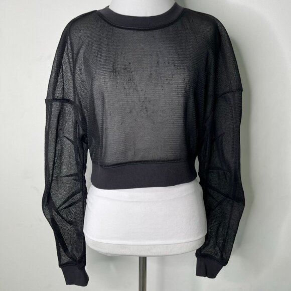 Alo Tops - Alo Women's Black Sheer Mesh Long Sleeve Cropped Crewneck Top Size Medium